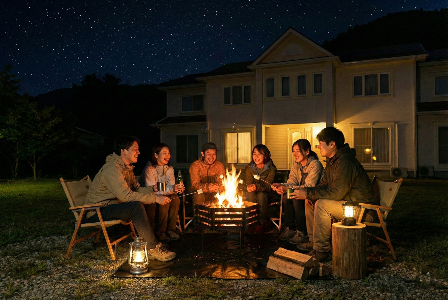 焚き火を囲んで語り合うチームビルディングの夜
